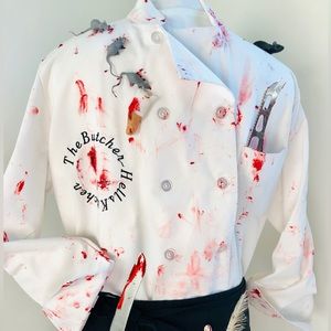 Halloween Bloody butcher chef coat bird spiders bones finger mice apron sz L